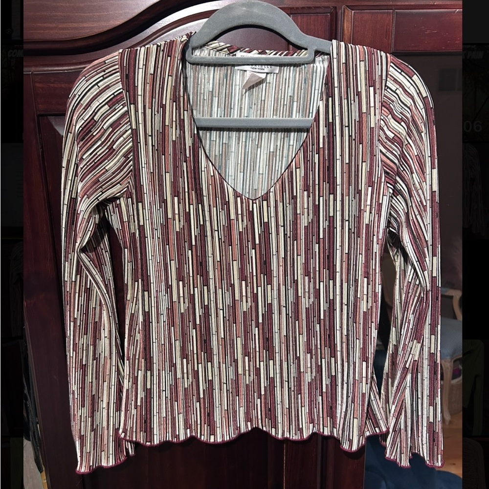 Maria Gabrielle New York Striped V-Neck Long Sleeve Top - Burgundy and Beige